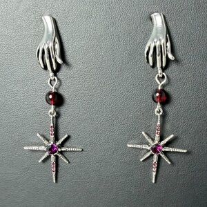 Silver Hand Star Encrusted Purple Glass Rhinestones Celestial Magic Earrings ⚛️